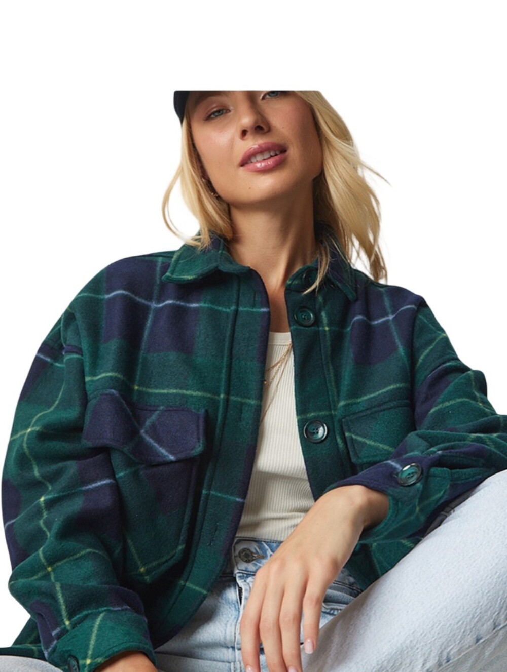 For the Republic Womens Green Navy Plaid Cropped Shacket Shirt Jacket Size M New